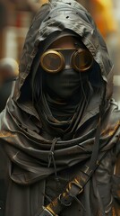 Mysterious Hooded Figure in Cyberpunk Fashion