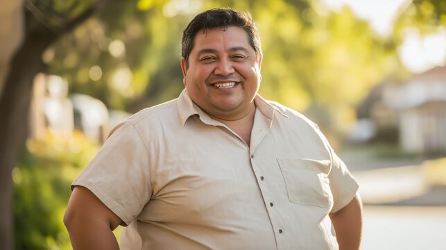 Warm Smiling MiddleAged Hispanic Man Outdoors, Ideal for Community or Lifestyle Design, Warm Summer Setting