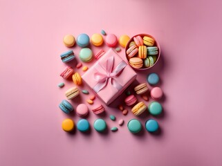Pink background with colorful macarons and a pink gift box with a ribbon.
