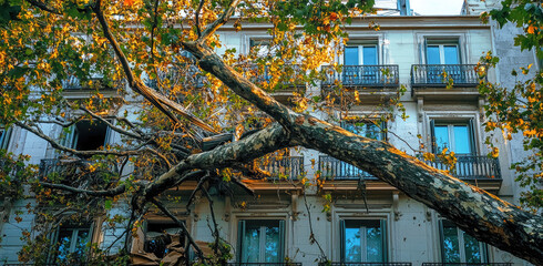 A large tree has fallen on the roof of an apartment house, causing damage to part or all of it. 