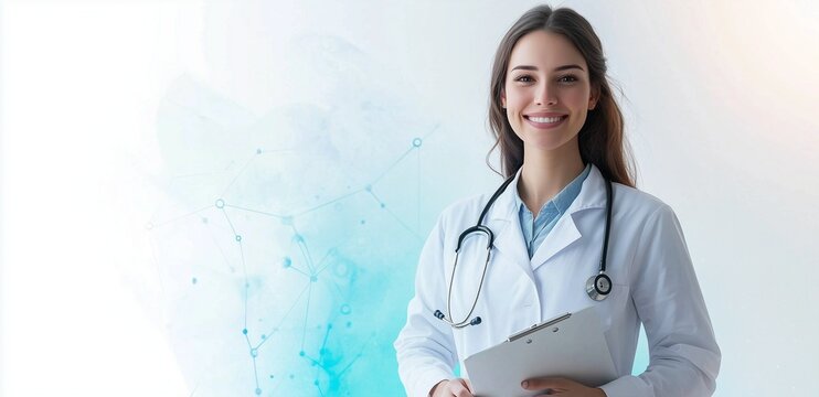 A promotional image, poster, banner with free space for text. A friendly female doctor with a warm smile, wearing a white lab coat and stethoscope around her neck. She is holding a clipboard. patient