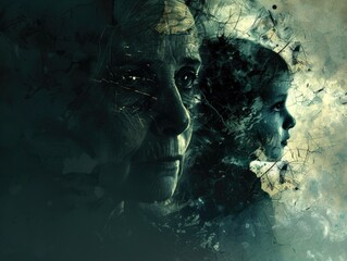 Dark Emotional Scene: Depicting generational impact, sadness, and hope.
