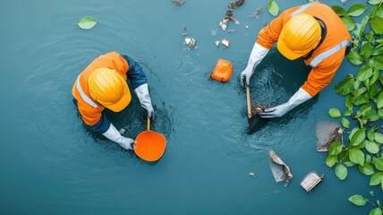 Workers cleaning up a polluted river, with floating debris and green foliage on the banks, representing environmental recovery and ecosystem protection