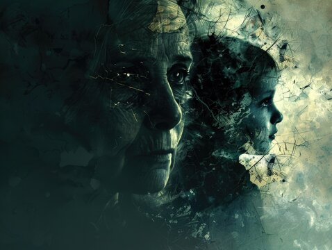 Dark Emotional Scene: Depicting generational impact, sadness, and hope.
