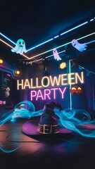 Halloween party futuristic design, glowing text, festive atmosphere