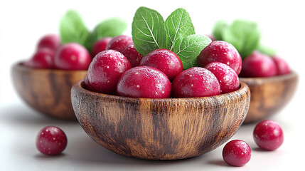 Fresh red fruits arranged in wooden bowls, garnished with green leaves, perfect for healthy eating and vibrant food styling.