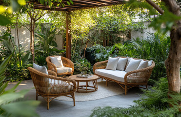 Obraz premium A stylish garden seating area with comfortable outdoor furniture, surrounded by lush greenery and plants. The scene includes a sofa with white cushions, an armchair in light brown wicker material