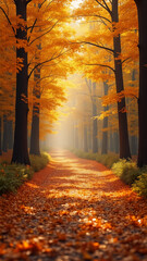 Fototapeta premium Path through a forest with trees that are orange and yellow