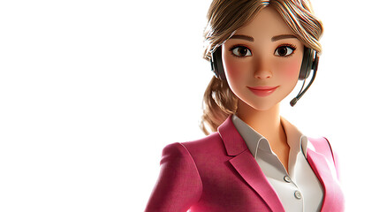 3D cartoon-style female customer service avatar in a pink suit, white shirt, confident with headset, HD render