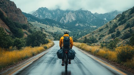 A cyclist on a wet road surrounded by mountains and greenery.