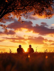 Fototapeta premium Elderly couple enjoying a peaceful sunset symbolizing love, connection, tranquility, nature, memories.