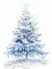 Fototapeta premium Crystal Christmas Tree: A 2D illustration of a Christmas tree decorated with crystal ornaments, icicles