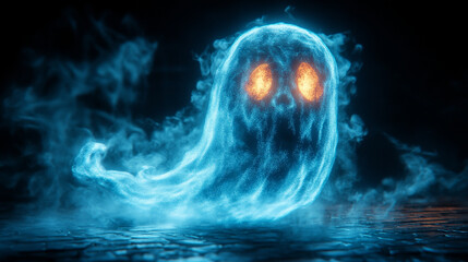 A mystical blue ghost with glowing orange eyes, emerging from fog, embodying the essence of the supernatural.