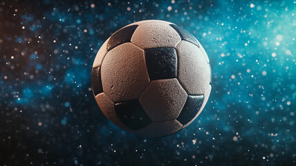 Fototapeta premium A soccer ball in mid-air surrounded by vibrant cosmic background with sparkling effects