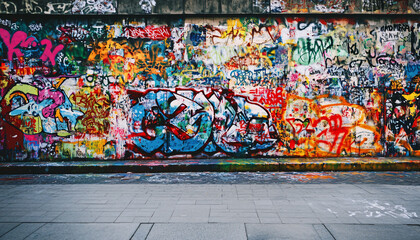 Obraz premium A graffiti-covered urban wall, showcasing vibrant colors, bold lines, and an edgy, artistic vibe