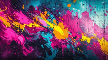 Energetic graffiti wall with explosive paint splashes, chaotic composition