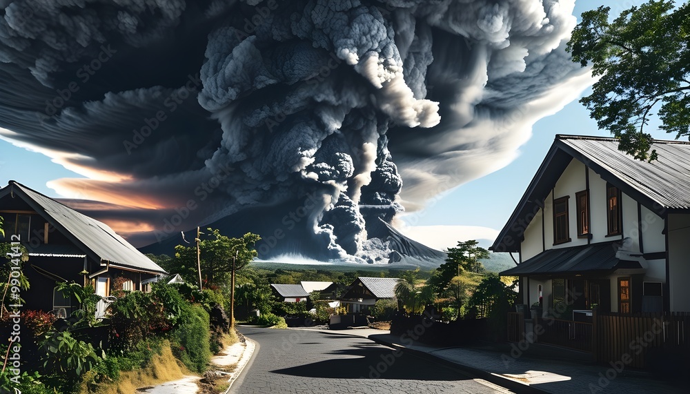 Wall mural volcanic eruption unleashing dark ash cloud over serene village, blending natures fury with quiet hu