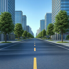 A straight road with trees on both sides, city buildings in the background