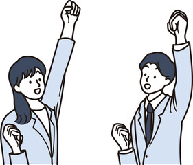 ポジティブな表情でガッツポーズをとるビジネスウーマンとビジネスパーソンのイラスト素材セット