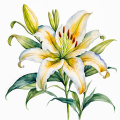 Obraz premium Watercolor painting of lily flower on white background.