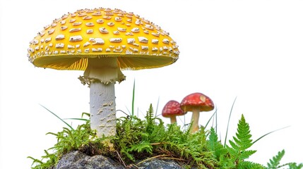Yellow mushroom with white dots, surrounded by ferns and grass on a rock, Transparent background