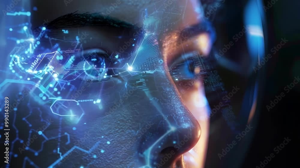 Poster close up of a woman's face with glowing digital network data, visualizing the concept of artificial 