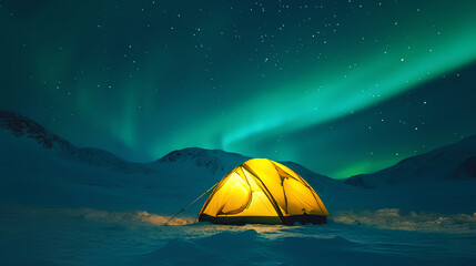 A glowing yellow tent under the northern lights in a snowy landscape.