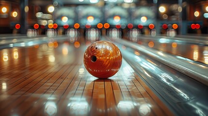 A Bowling Ball on a Bowling Lane with Blurred Lights in the Background