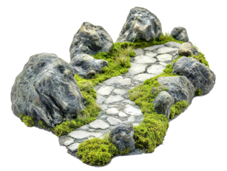 Pathway covered in moss winding through rocks, isolated on transparent background.