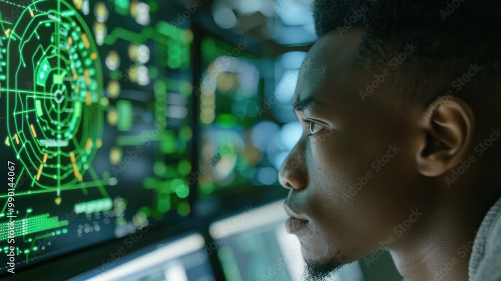 Poster a man is looking at a computer screen with a green screen