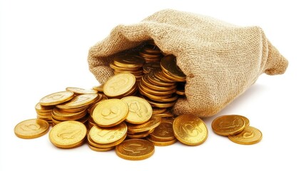 A pile of gold coins emerging from a treasure sack, with neatly stacked coins placed beside it. The bright white background highlights the shiny metal.