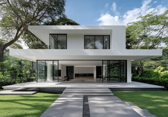 Fototapeta premium A modern house features white walls and floor tiles with large glass windows. A covered carport is located on the left side of the entrance gate, leading to the home's back garden area.