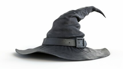 A gray witch's hat with a pointed tip and a leather belt sits on a white background in a creative design setting