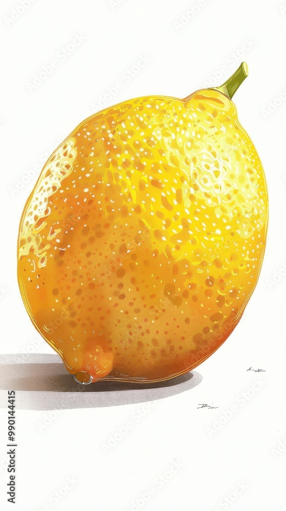 Poster bright yellow lemon with a textured surface resting on a white background, highlighting its juicines