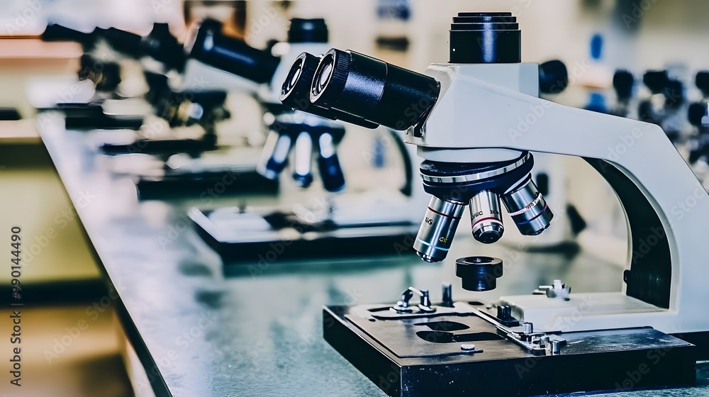 Poster a row of microscopes in a laboratory setting