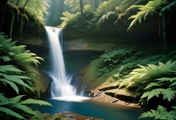Fototapeta premium A large waterfall cascading over rocky cliffs into a pool of clear blue water, surrounded by lush green foliage and trees