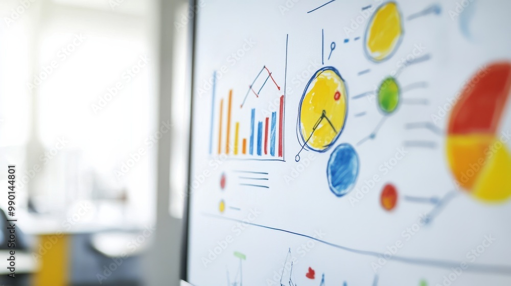 Poster colorful charts and graphs displayed on a board in a bright office during a team meeting
