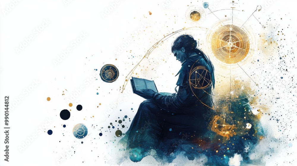 Poster a lone figure reads a mystical book surrounded by celestial symbols and cosmic elements during a qui