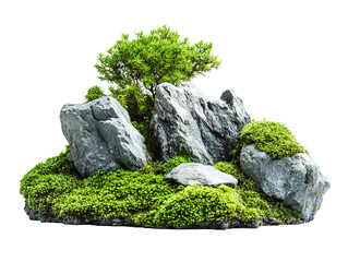 Green moss growing at the base of small rocks, transparent background.