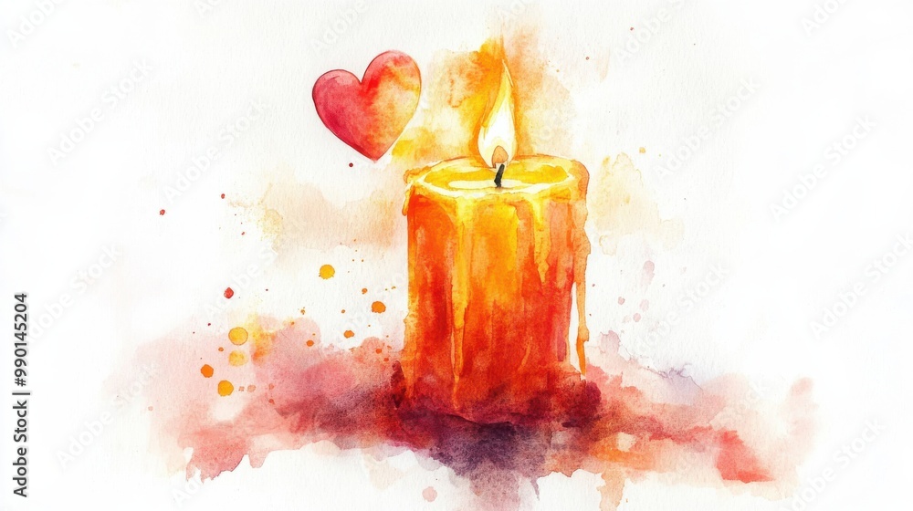 Poster a warm candle illuminated beside a heart on a watercolor background creating a cozy and romantic atm