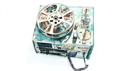 Vintage reel-to-reel tape recorder in an artistic display, showcasing the intricate mechanics and design from the 20th century