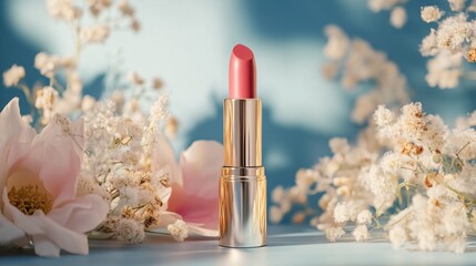 luxury pink lipstick mockup model with flowers background for cosmetic commercial packshot style