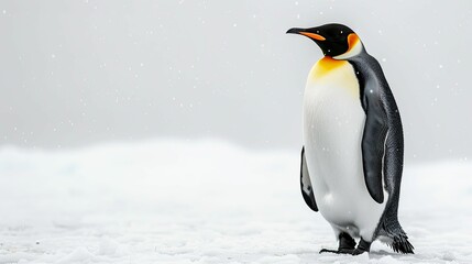 Fototapeta premium A King Penguin Standing in Snow During a Light Snowfall