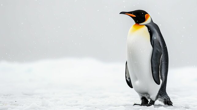 A King Penguin Standing in Snow During a Light Snowfall
