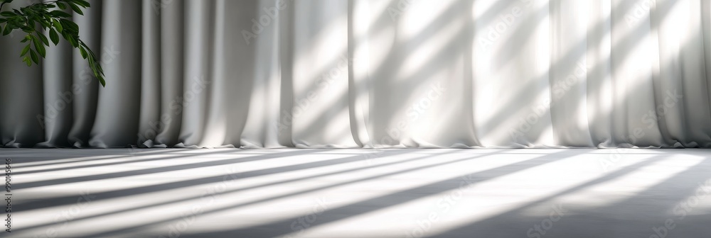 Aufkleber minimalist white curtains with light and shadow casting patterns on the floor, creating a sense of c