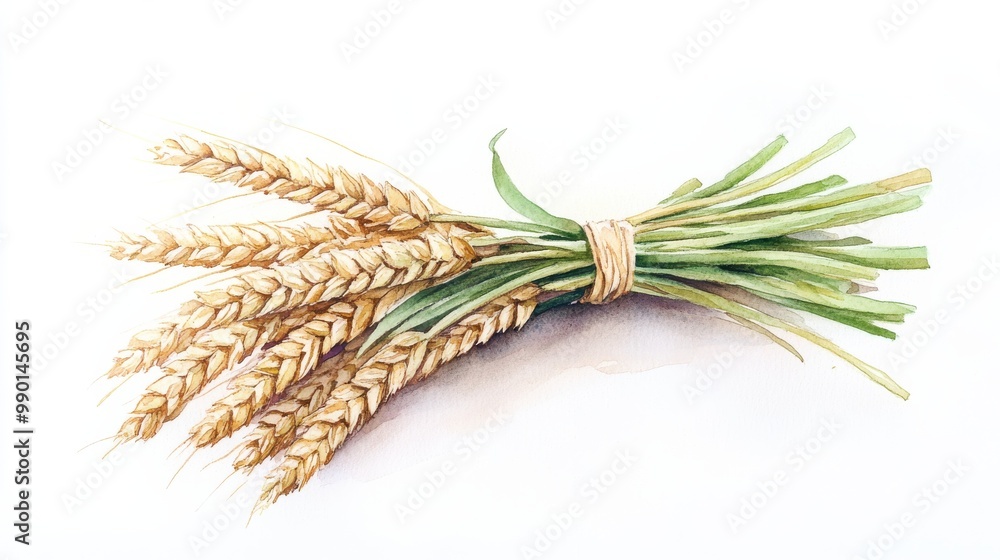 Poster a close-up view of a bundle of wheat tied together, showcasing its natural textures and earthy color