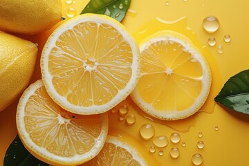 Top view of fresh slice juicy lemons with green leaves and water drops