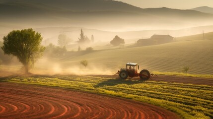 Fototapeta premium A red tractor is driving through a field of dirt