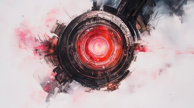 Abstract futuristic design featuring a glowing red circular element against a smoky background, showcasing a blend of technology and art