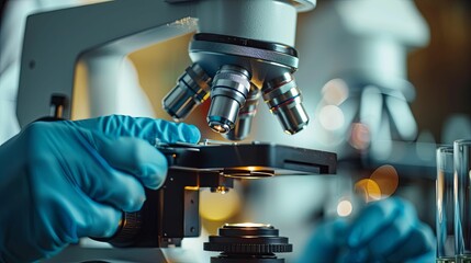 A Close-Up of a Hand in Blue Gloves Adjusting a Microscope for Scientific Research
